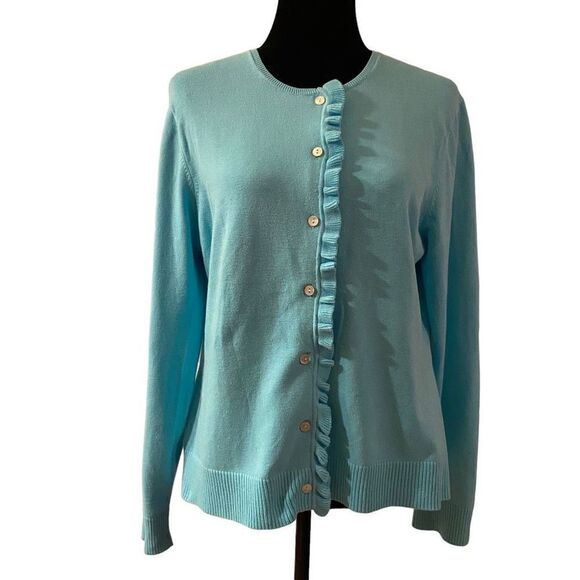 Lands’ End Lightweight‎ Aqua Long Sleeve Cardigan with Front Ruffle Size Medium - Picture 1 of 11